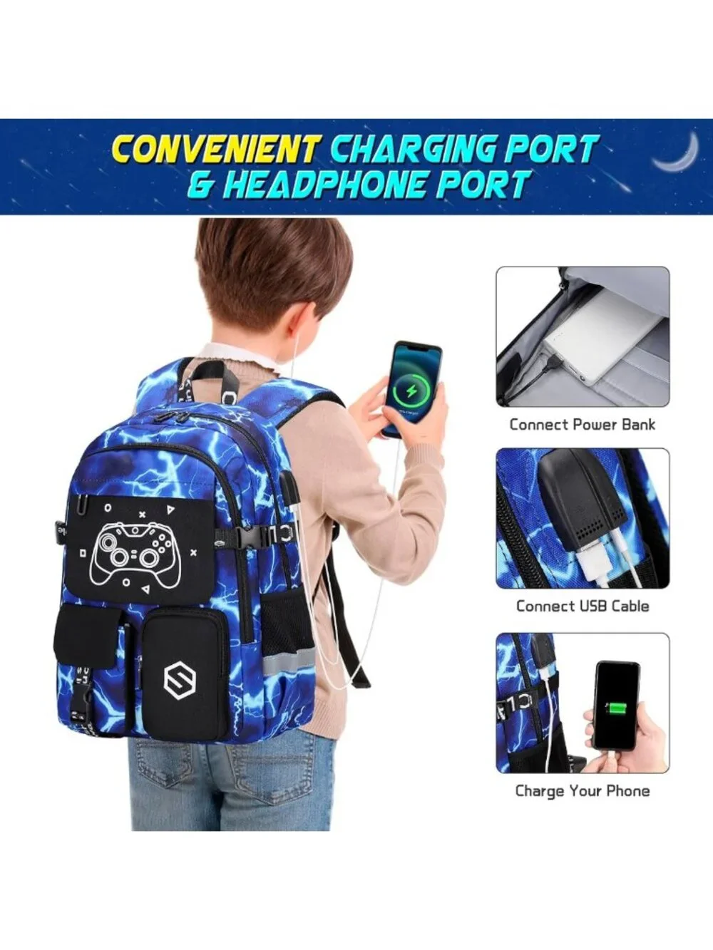 Luminous Boys Backpack Set with Lunch Bag & Pencil Case, USB Charging, School